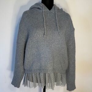 Blue Knit Hoodie with Sheer Ruffle Hem